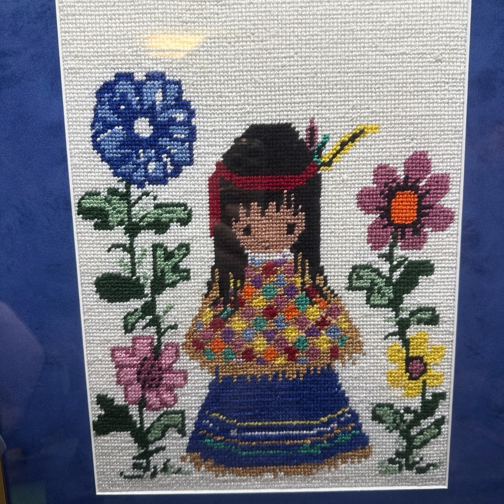 Ted DeGrazia Needlepoint Native American Girl in Poncho Long Stitch Wool Framed